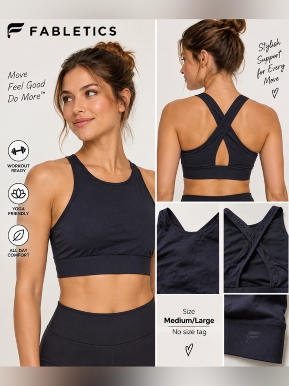 Fabletics Black High Neck Cross Back Sports Bra Medium Large